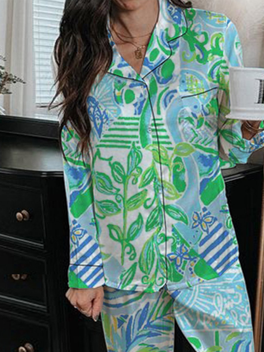 Women's Hand Painted Beach Pattern Long Sleeve Pant Set