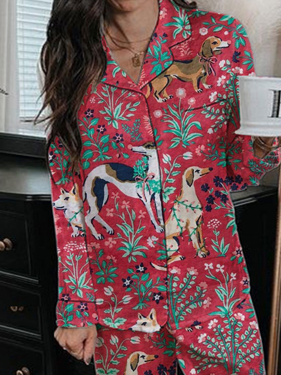 Women's Satin Art Painting Cute Animal Floral Print Home Long Sleeve Suit
