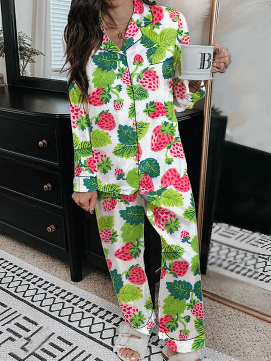 Women's Satin Art Floral Sweetheart Strawberry Print Home Long Sleeve Suit