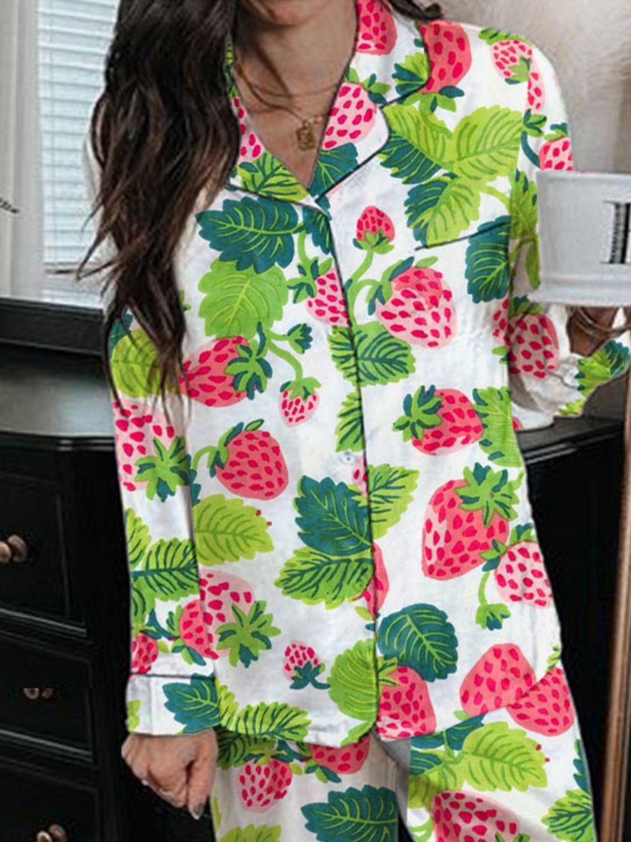 Women's Satin Art Floral Sweetheart Strawberry Print Home Long Sleeve Suit