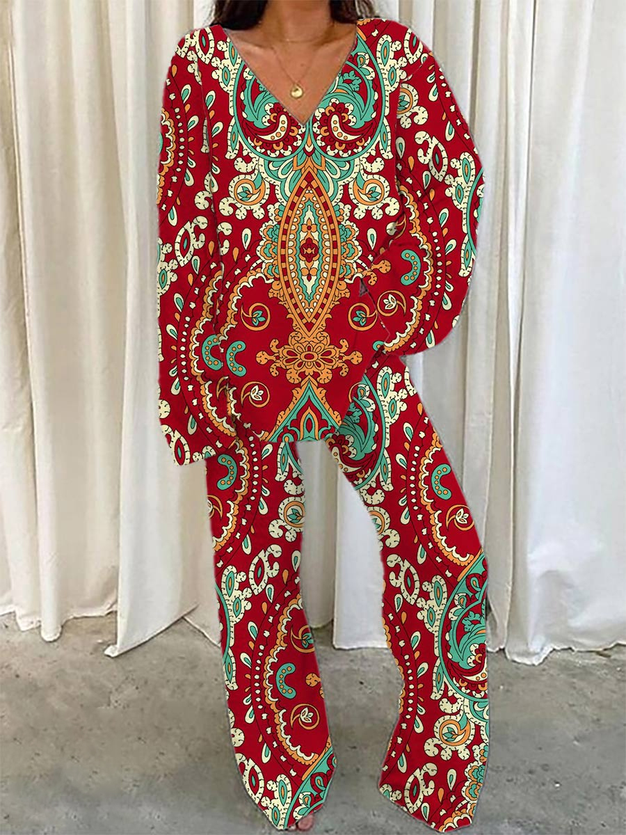 Women's Bohemian Pattern V-Neck Long Sleeve Pants Set