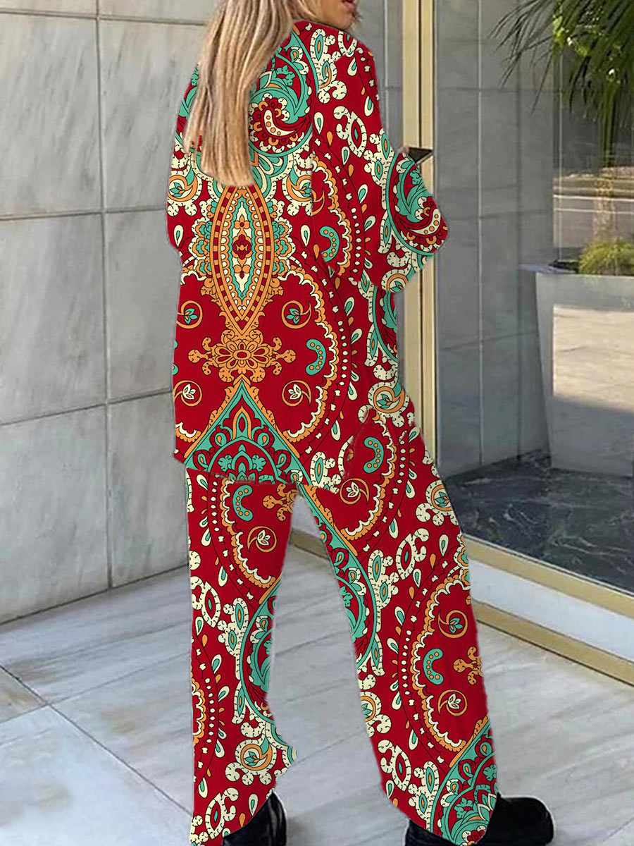 Women's Bohemian Pattern V-Neck Long Sleeve Pants Set