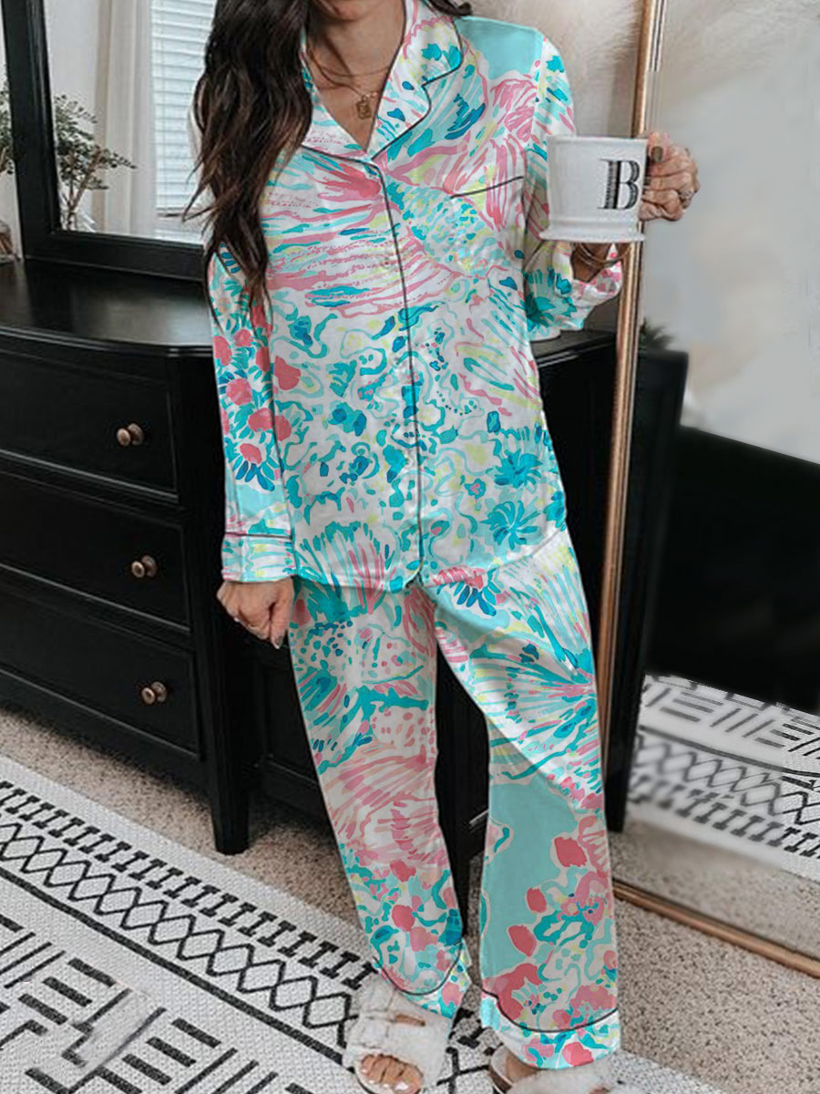Women's Colorful Botanical Pattern Long Sleeve Pants Set