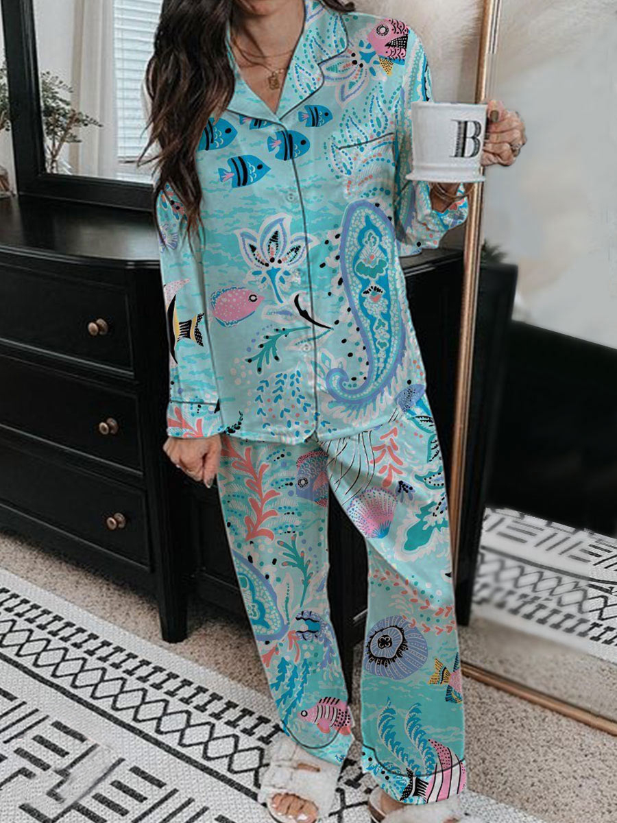 Women's Fun Bohemian Undersea Pattern Long Sleeve Pants Set