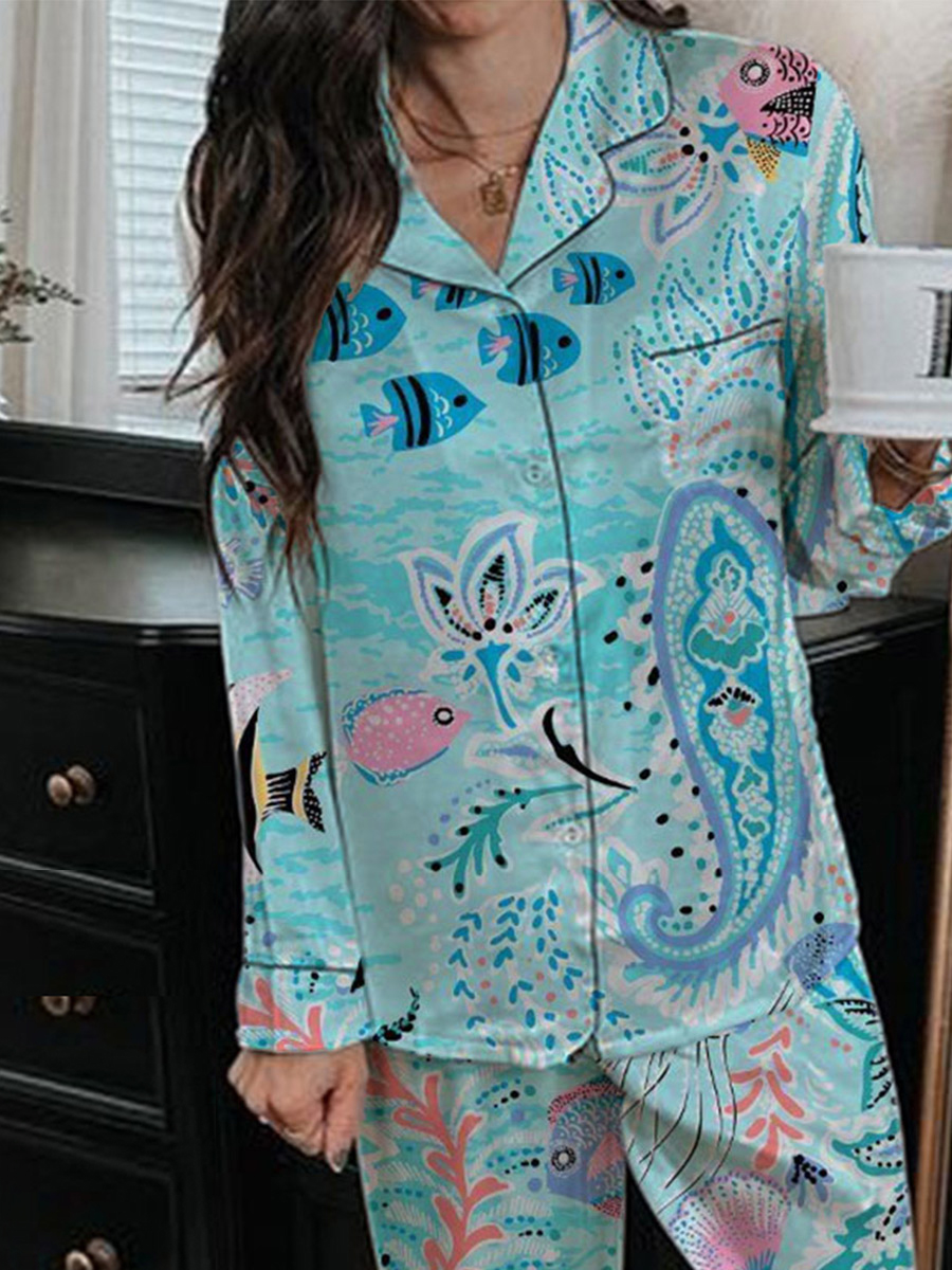 Women's Fun Bohemian Undersea Pattern Long Sleeve Pants Set