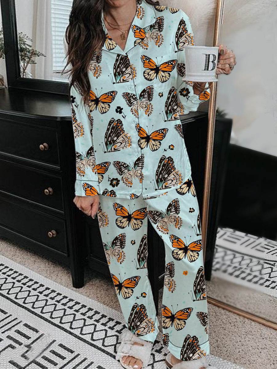 Women's Satin Butterfly Art Painting Vintage Print Home Long Sleeve Suit