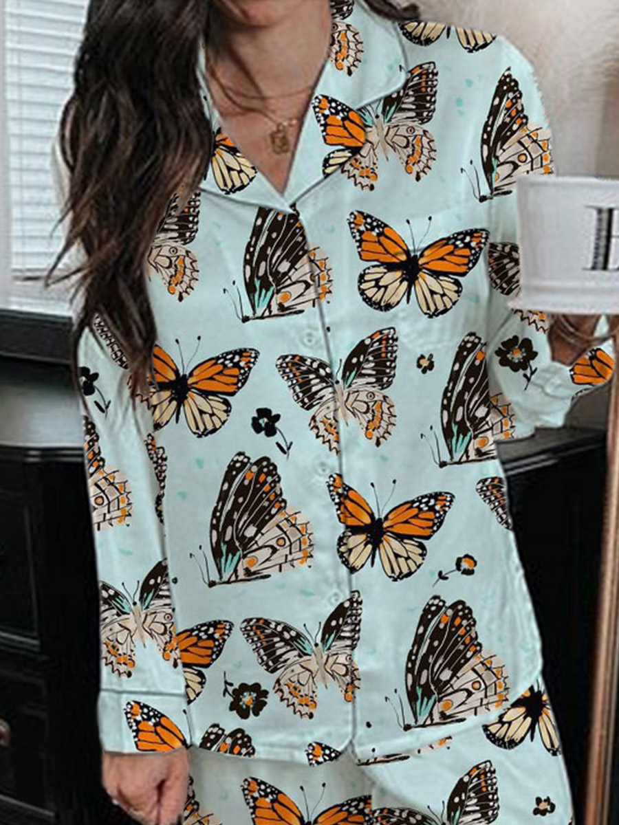 Women's Satin Butterfly Art Painting Vintage Print Home Long Sleeve Suit