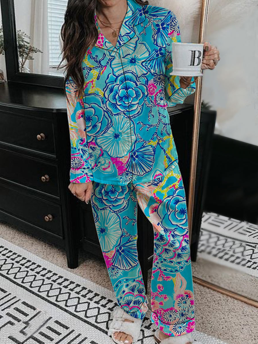 Women's Hand-Painted Floral Long Sleeve Pants Set