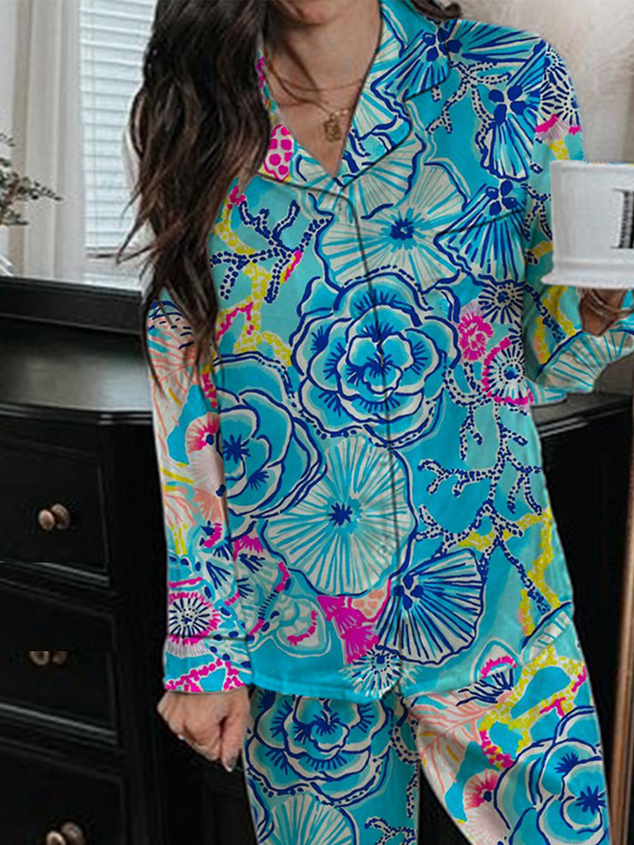 Women's Hand-Painted Floral Long Sleeve Pants Set