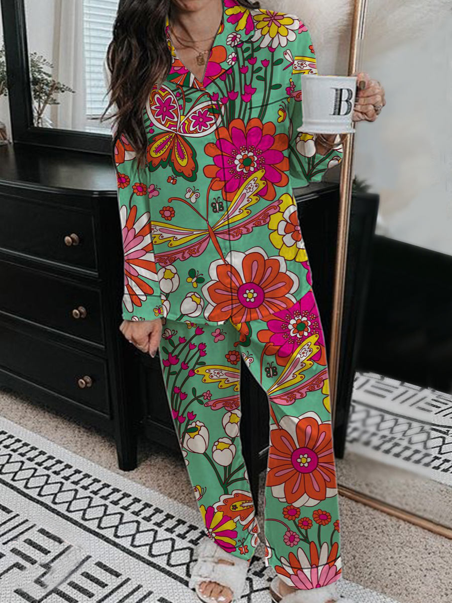 Women's Vintage Floral Long Sleeve Pants Set