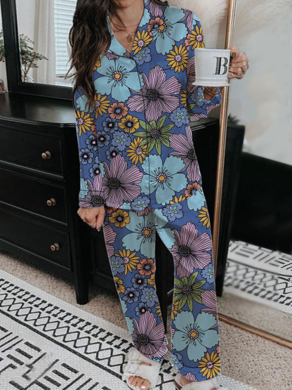 Women's Colorful Striped Botanical Pattern Long Sleeve Pants Set