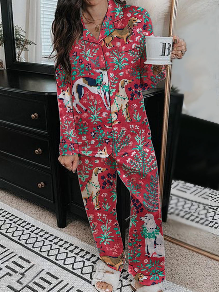 Women's Satin Art Painting Cute Animal Floral Print Home Long Sleeve Suit