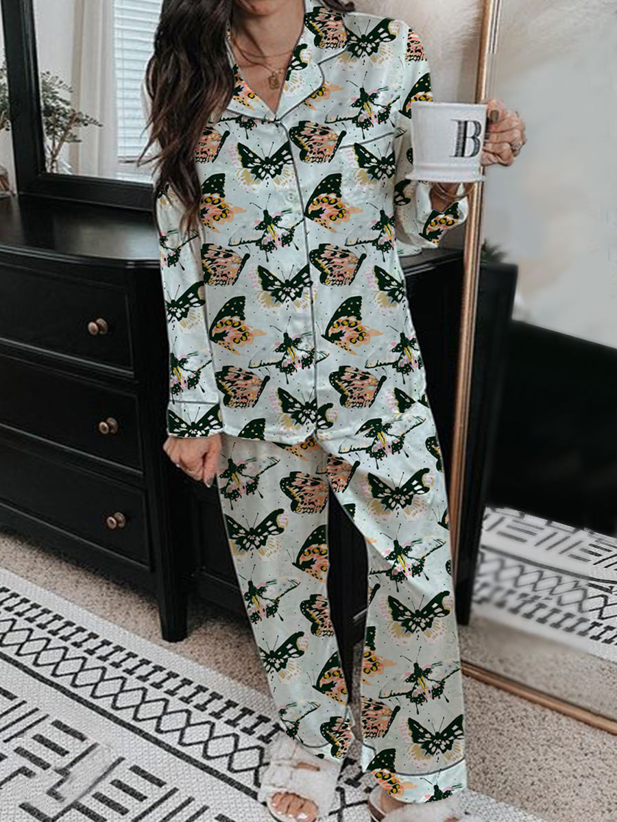 Women's Satin Art Painting Funny Animal Print Home Long Sleeve Suit