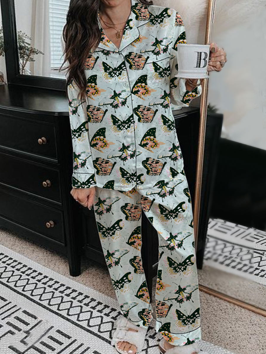 Women's Satin Art Painting Funny Animal Print Home Long Sleeve Suit