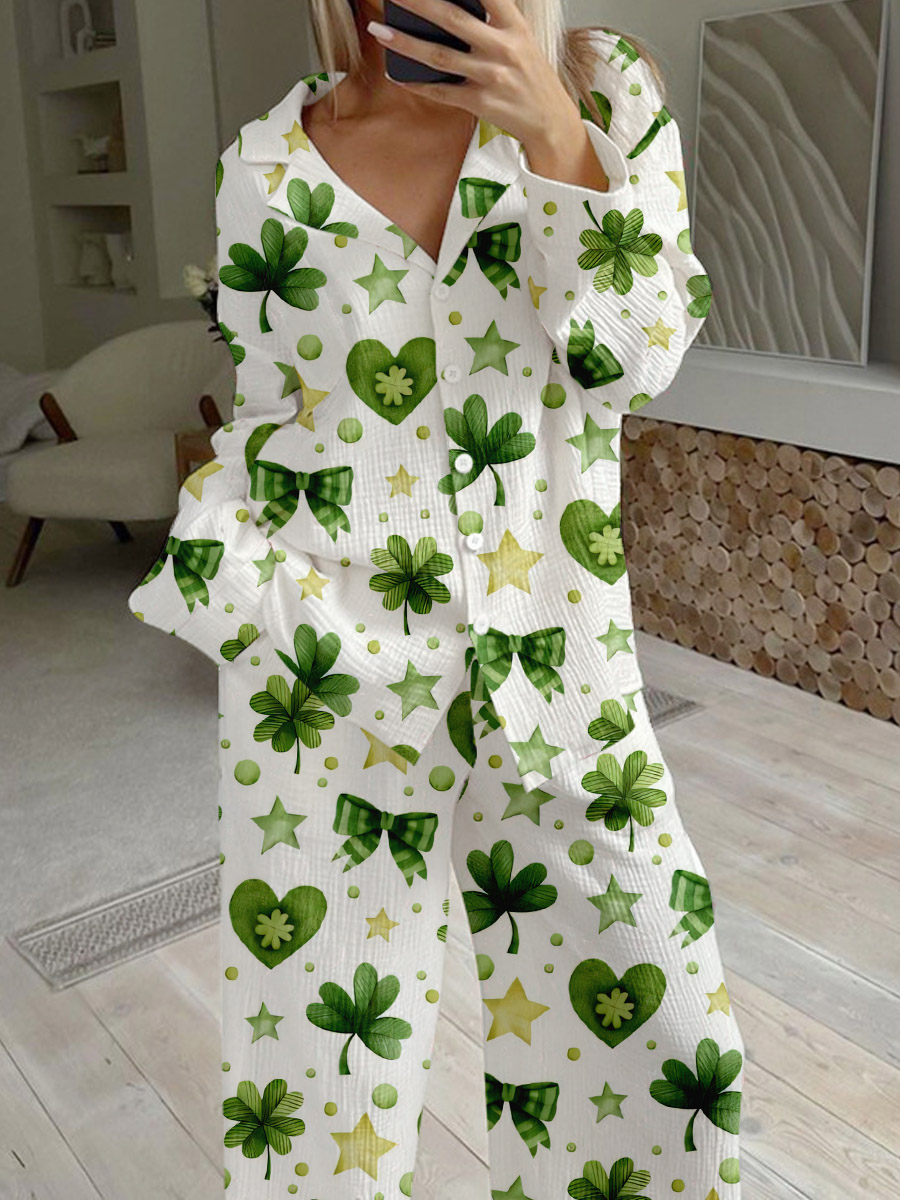 Women's Heart Bow Clover Print Loose Homewear Set