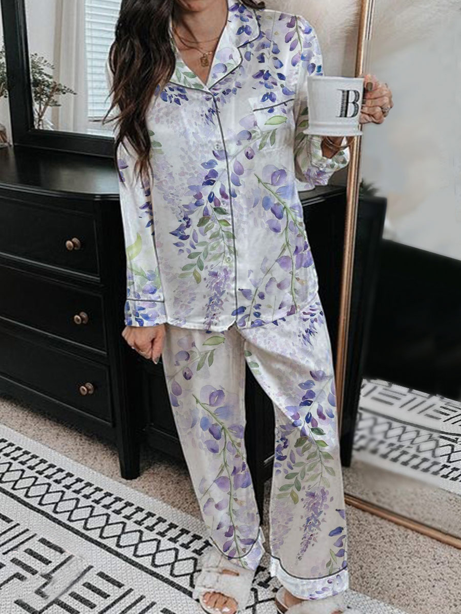 Women's Romantic Wisteria Pattern Long Sleeve Pants Set