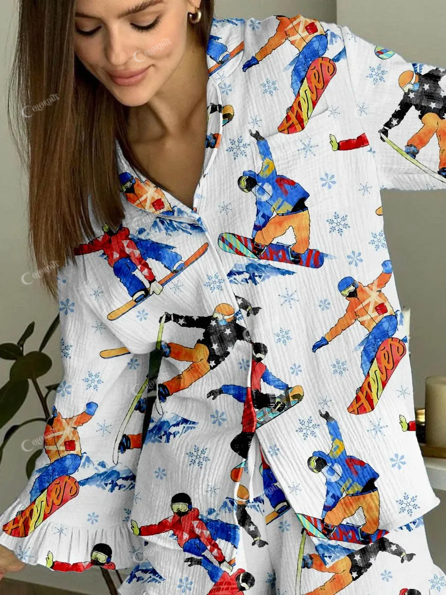 Women's Ski Snowflake Print Cardigan Ruffle Home Set