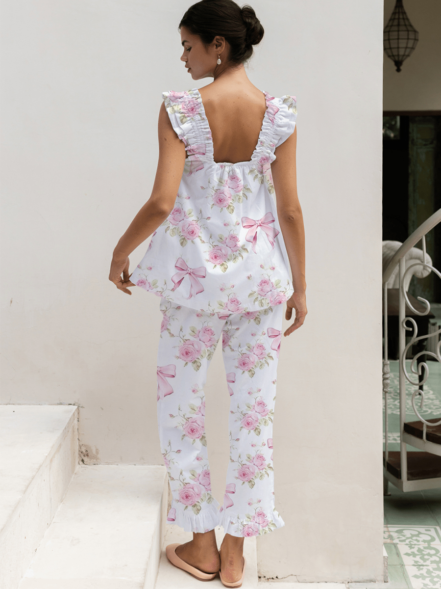 Pink Floral Ruffled Trim Short Tank Top Pajama Set