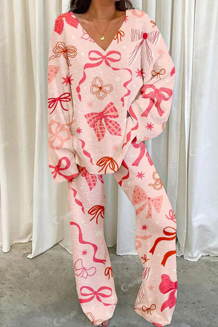 Women's Pink Bow Print Home V Neck Long Sleeve Suit