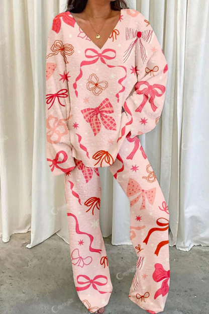 Women's Pink Bow Print Home V Neck Long Sleeve Suit