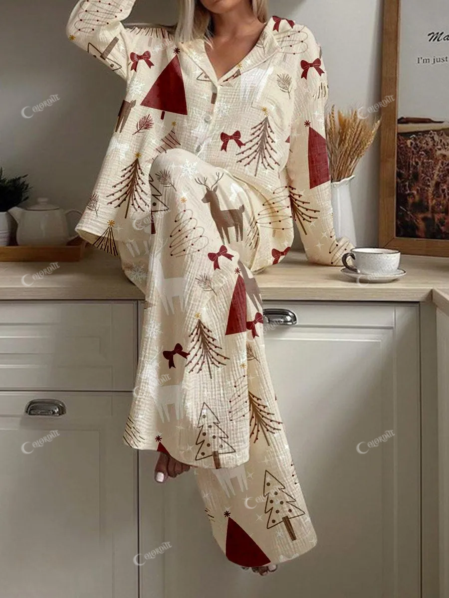Women's Christmas Tree Bow Deer Print Cardigan Homewear Set