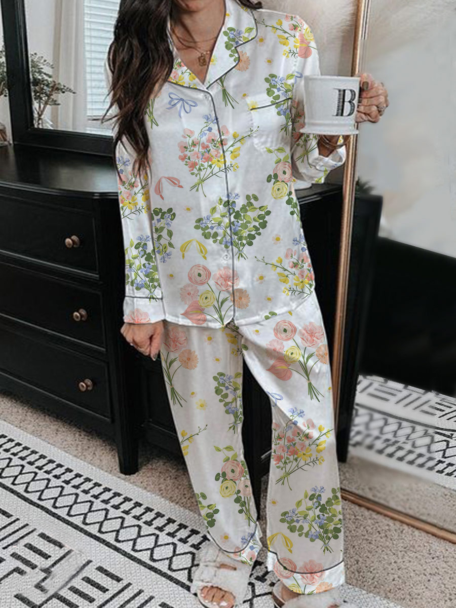 Women's Romantic Floral Pattern Long Sleeve Pants Set