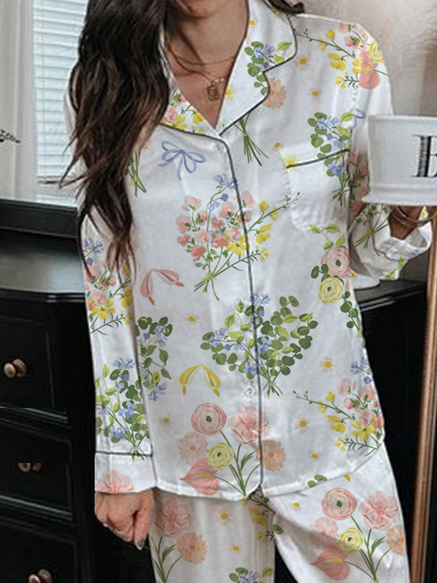 Women's Romantic Floral Pattern Long Sleeve Pants Set