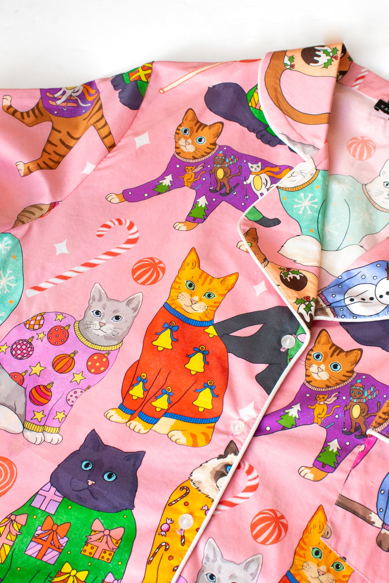 Women's Lapel Cute Cat Print Long Sleeve Pajama Set