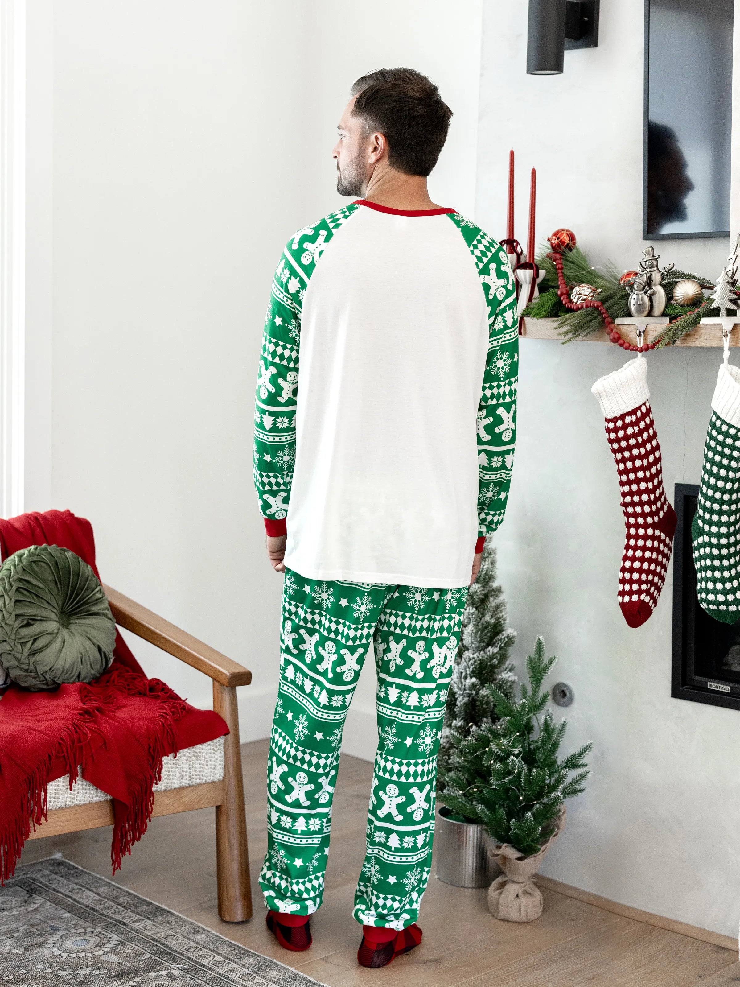 Christmas Matching Family Pajamas Set Gingerbread and Christmas Tree Print Green PJS