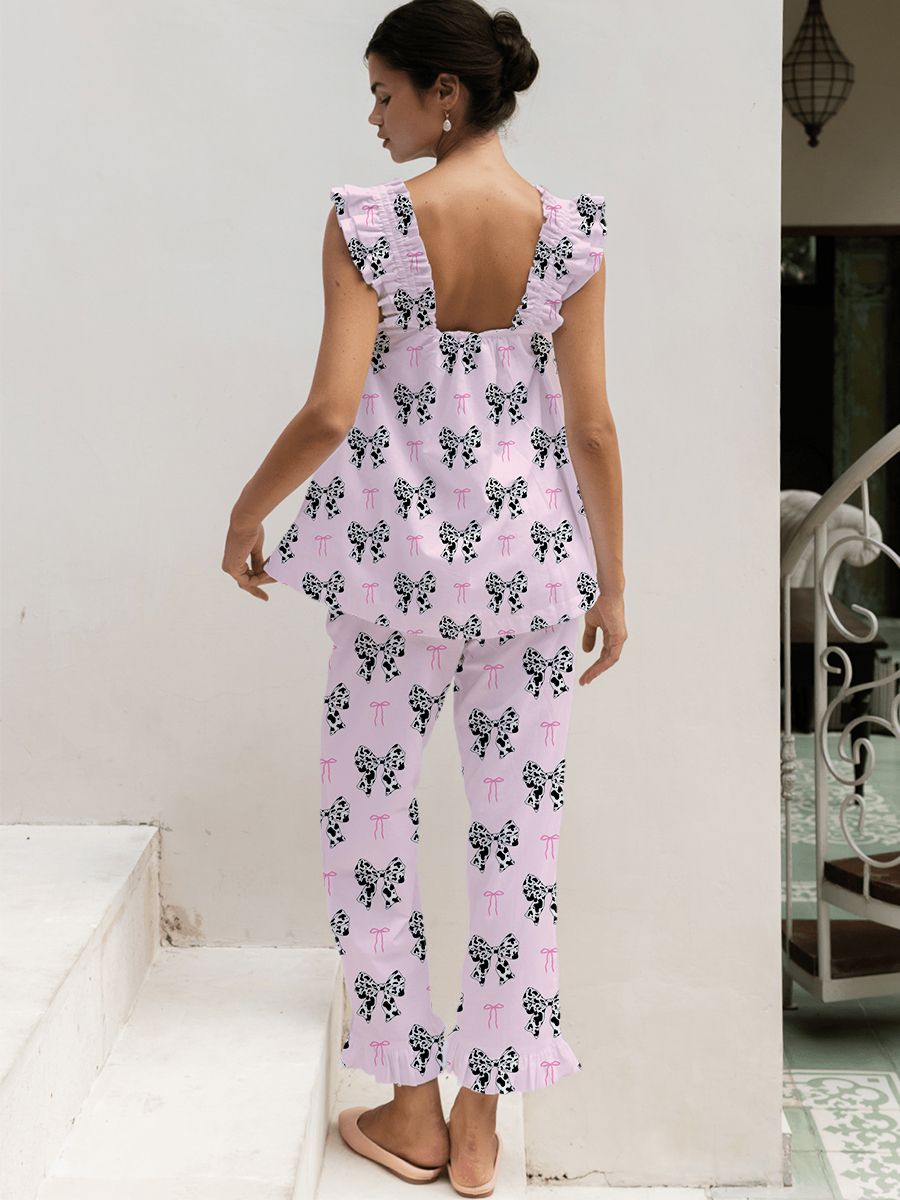 Green Floral Print Ruffled Trim Short Tank Top Pajama Set