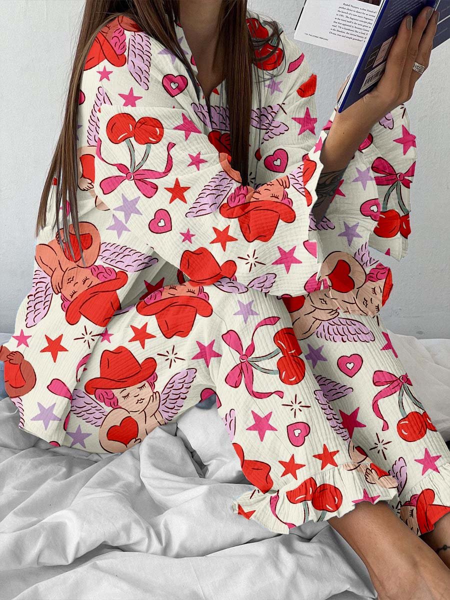 Women's Valentine's Day Angel Print Ruffled Linen Cotton Suit