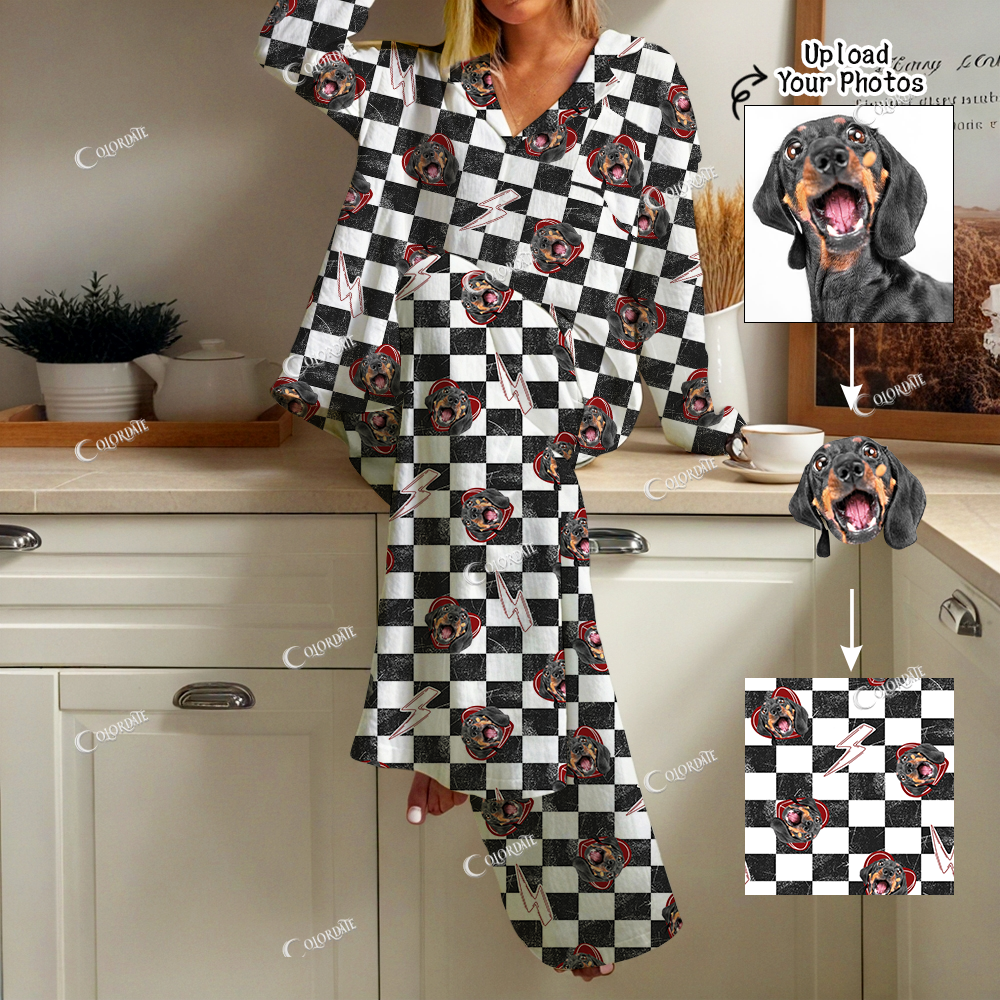 Addcustom Your Photos Women's Black and white checkered pattern Cardigan Homewear Set