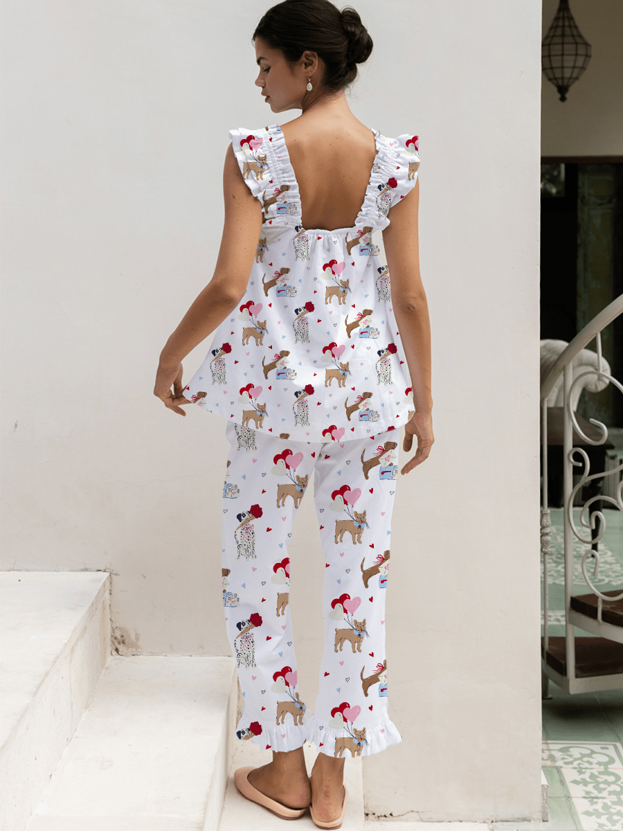 Cute Dog Print Ruffled Trim Short Tank Top Pajama Set