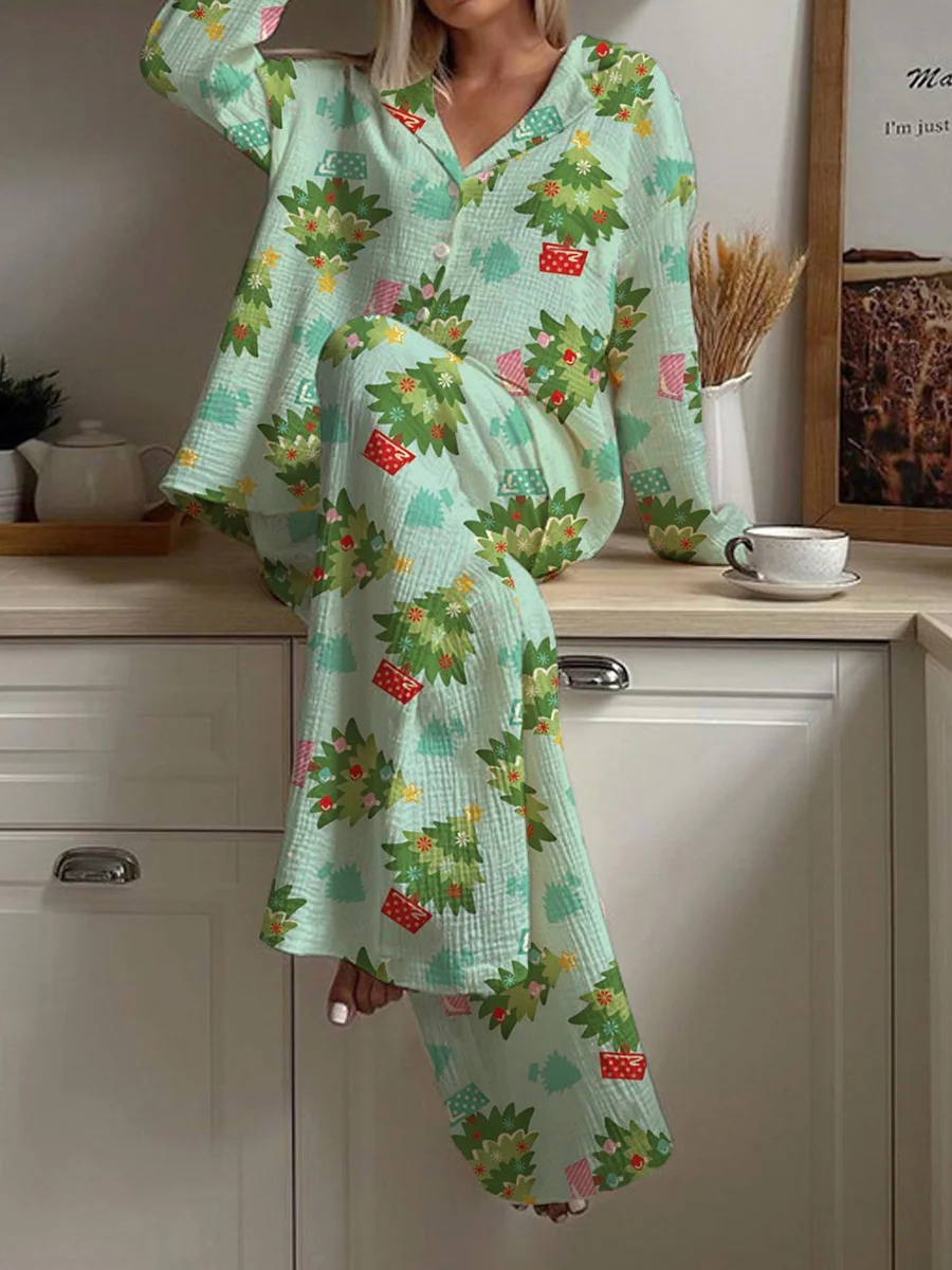 Women's Christmas Cute Christmas Tree Pattern Long Sleeve Pants Set
