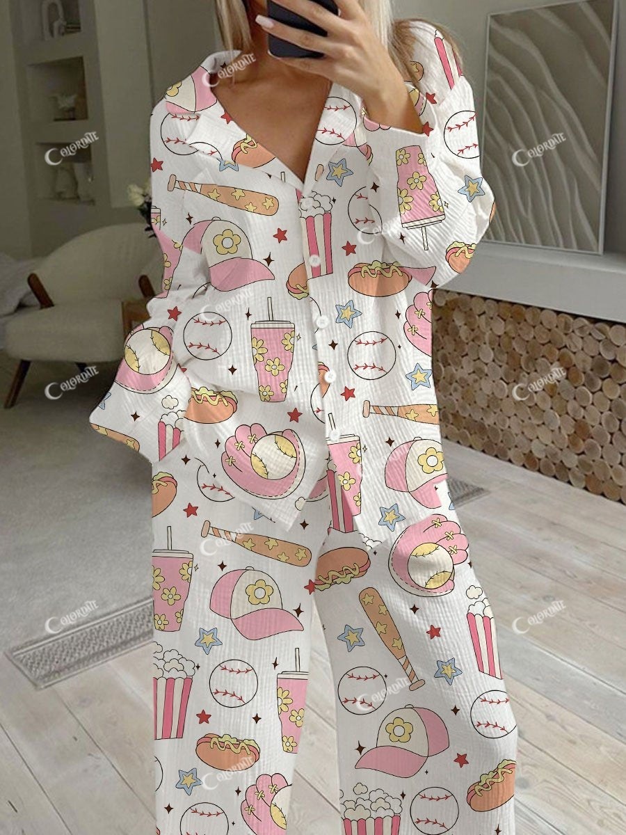 Women's Baseball Popcorn Print Loose Homewear Set