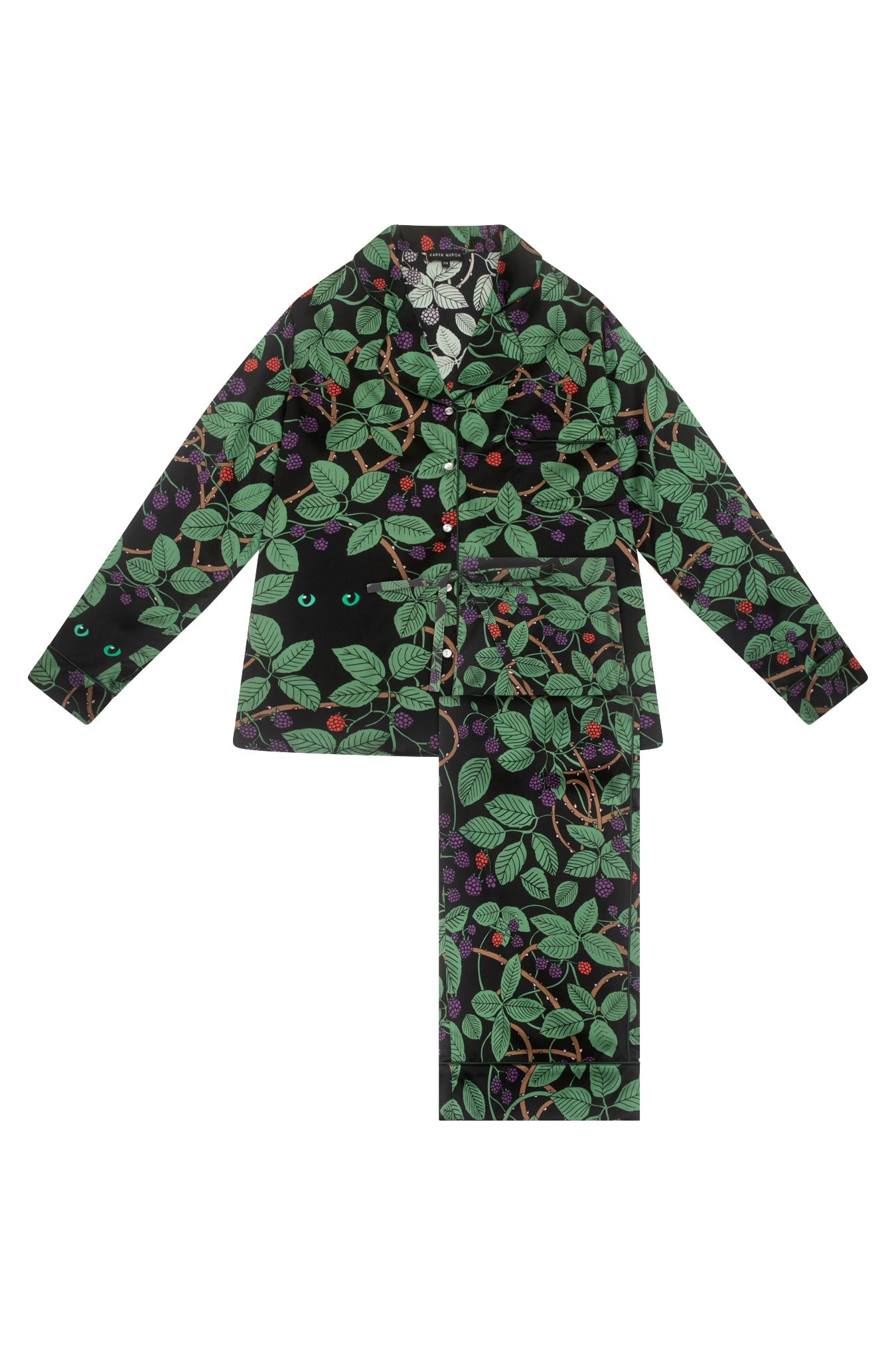 Women's Lapel Leaf Cat Print Long Sleeve Pajama Set
