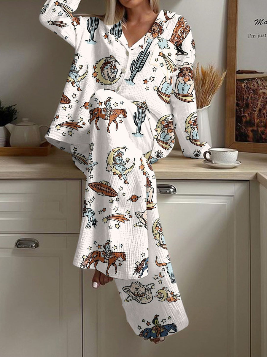 Women's Western Style Cow Girls Printed Casual Homewear Set