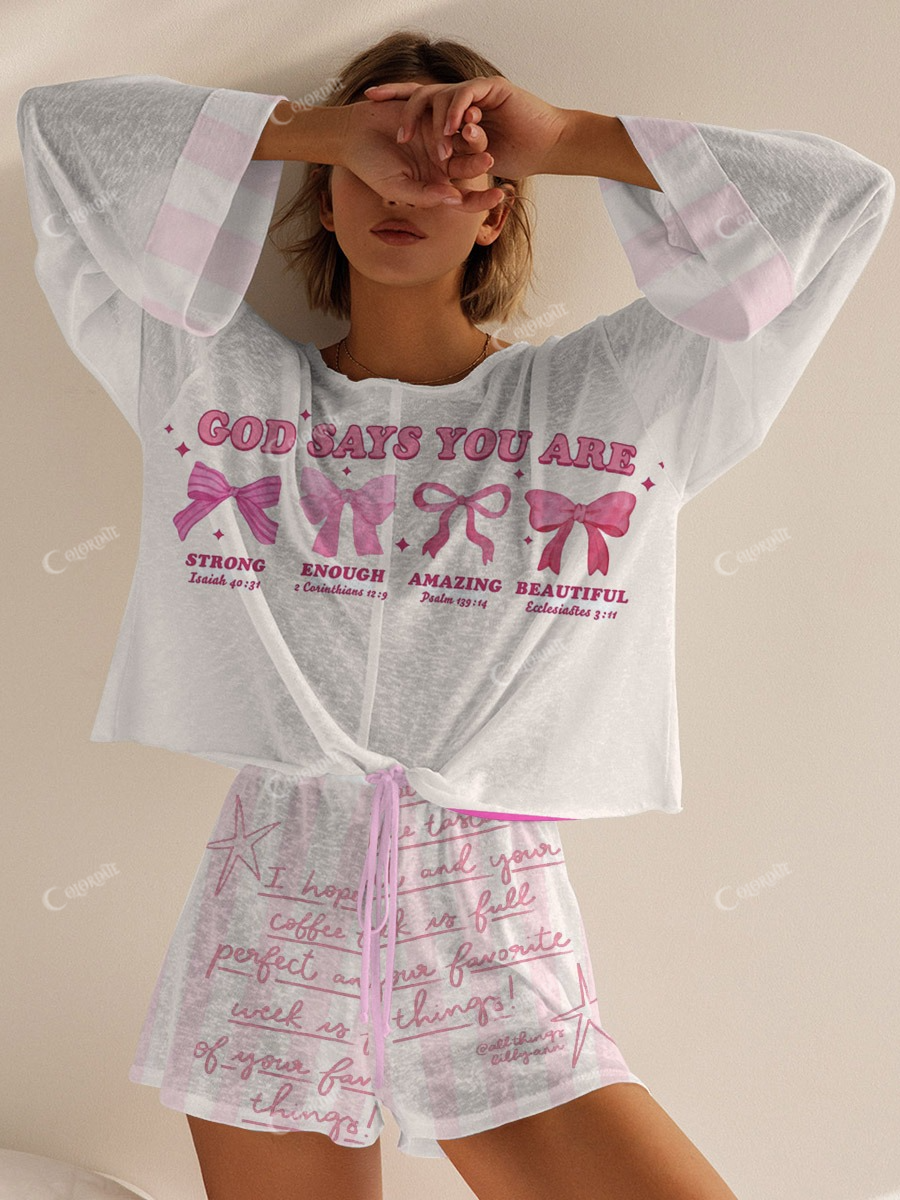 Women's romantic pink text bow pattern long sleeve shorts suit