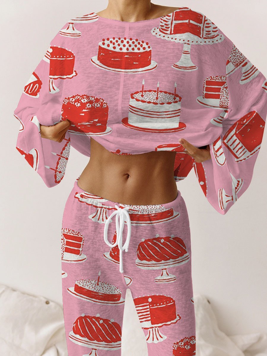 Women's Pink Cake Print Casual Linen Cotton Suit