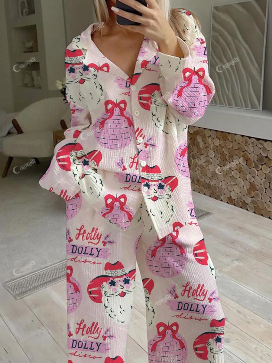 Women's Christmas Santa Claus Lights Pattern Long Sleeve Pants Suit