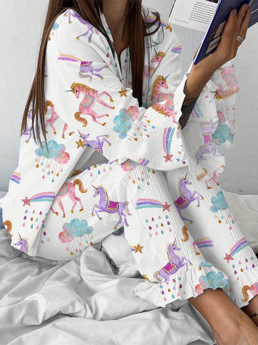 Women's Unicorn Rainbow Shooting Star Print Long Sleeve Pajama Set