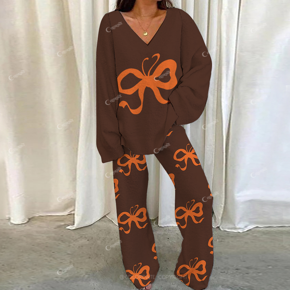 Colordate Casual Orange Bow Printed Loungewear Set For Women