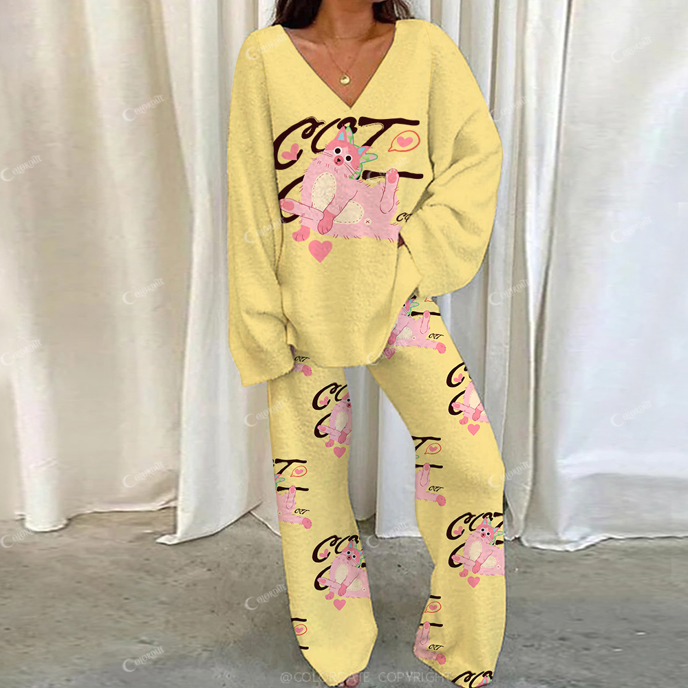 Colordate Casual Pink Heart Kitten Loungewear Set For Women