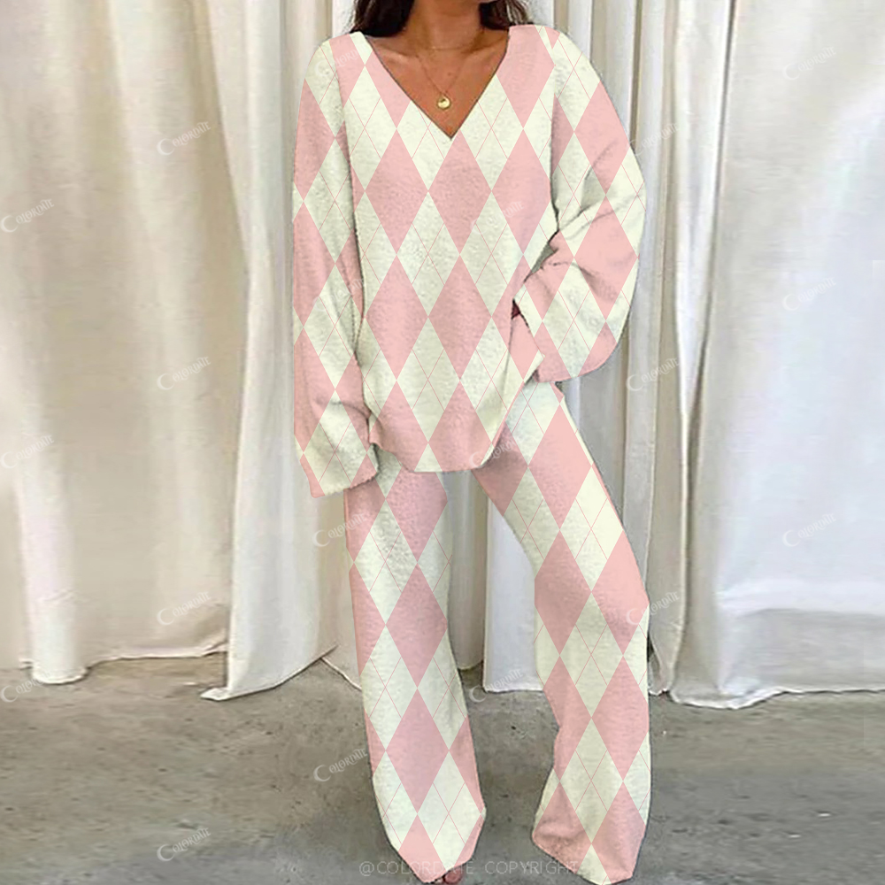 Colordate Casual Pink White Diamond Plaid Patchwork Printed Loungewear Set For Women