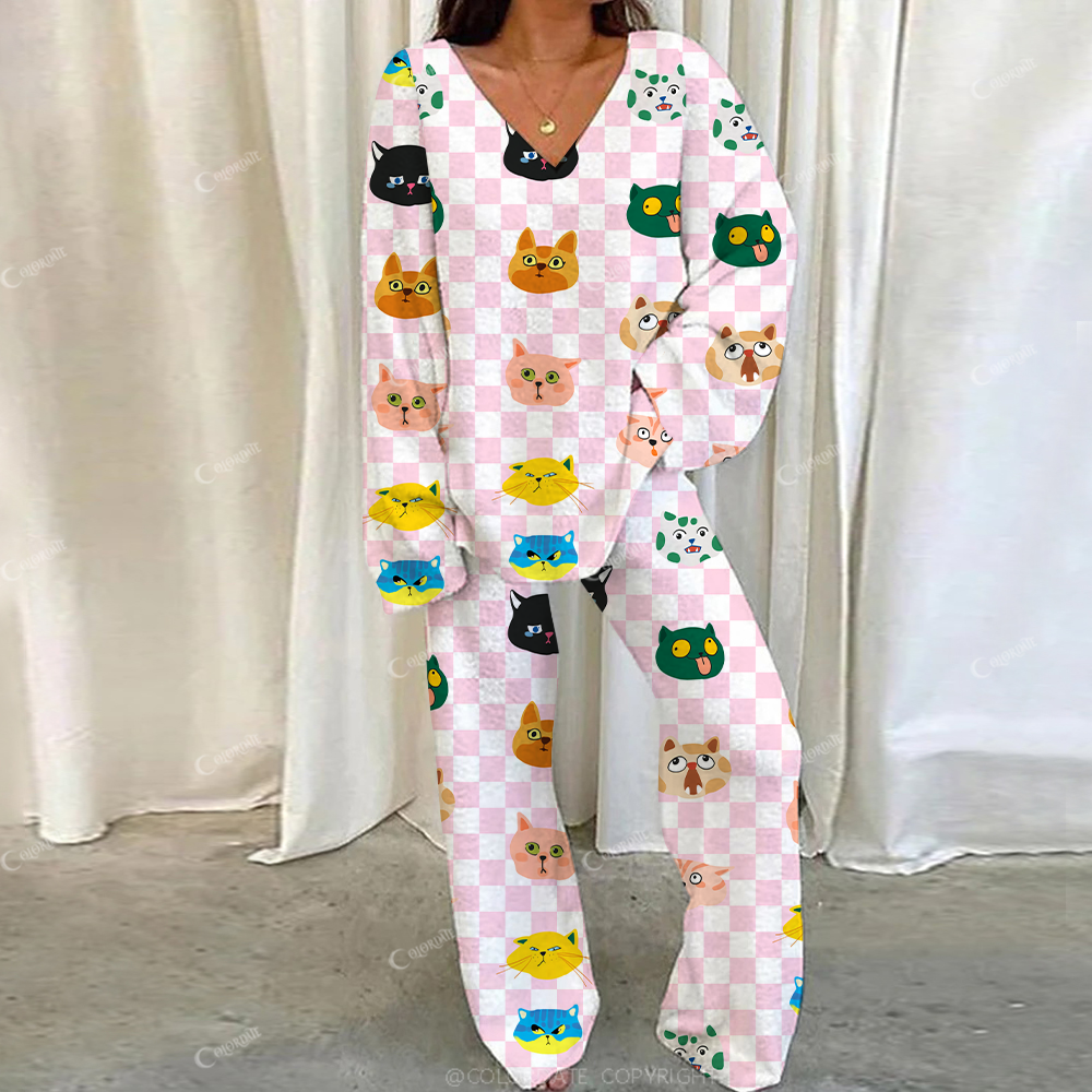 Colordate Casual Emoji Kitten Loungewear Set For Women