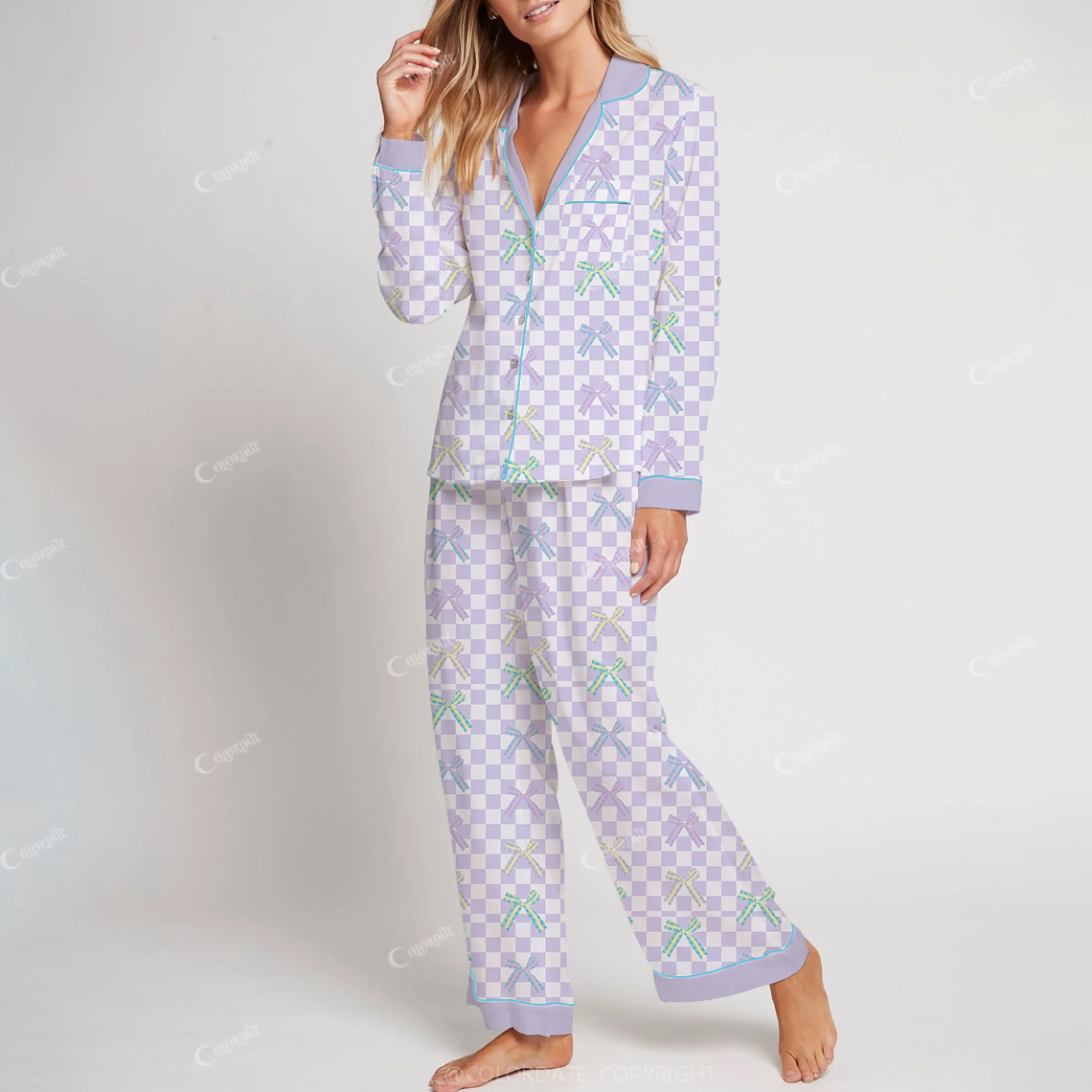 Colordate Women's Bow Purple Plaid Print Cotton Long Sleeve Pajama Set