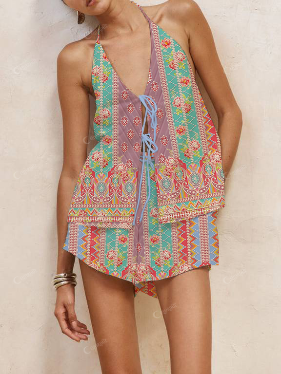 Multi-Pattern Print Halter Neck Tie-Up Top And Shorts Suit