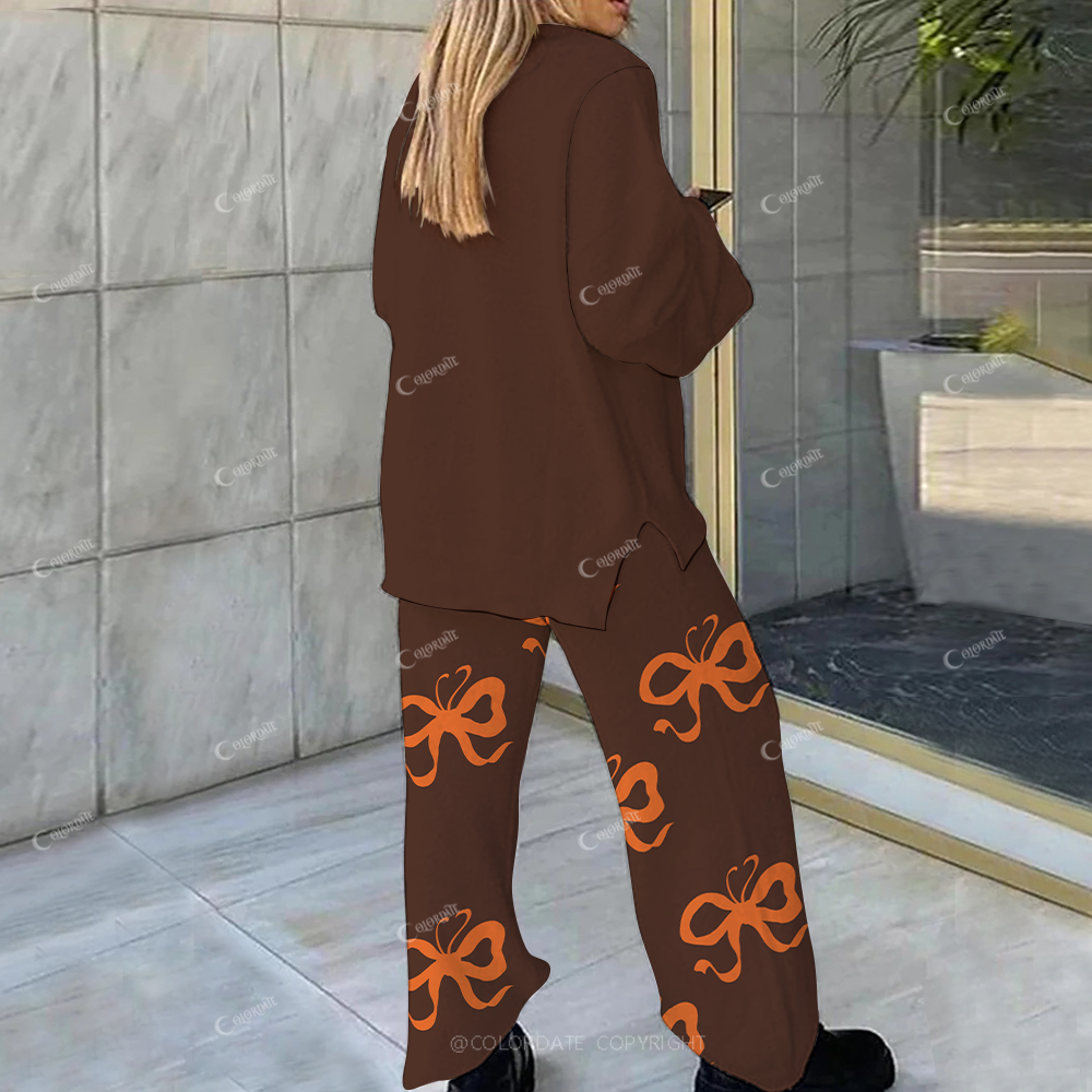 Colordate Casual Orange Bow Printed Loungewear Set For Women