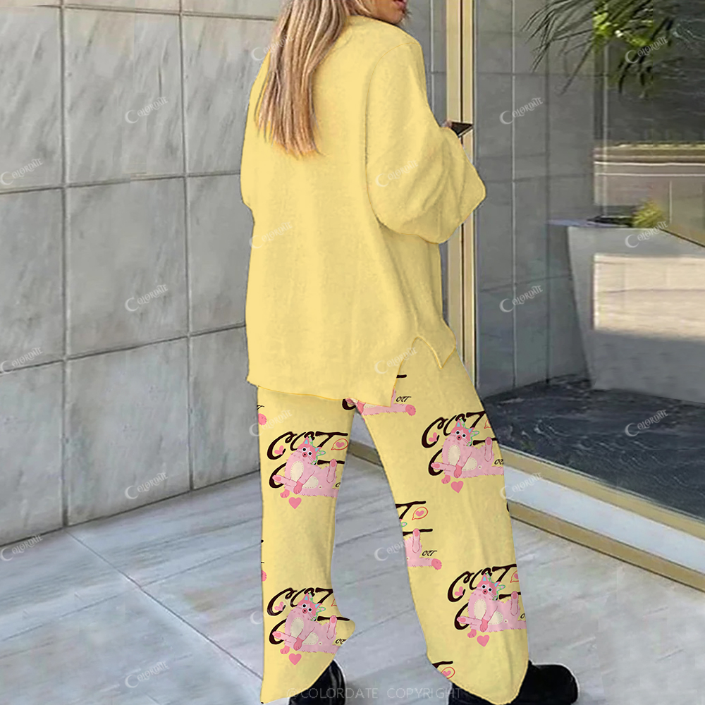 Colordate Casual Pink Heart Kitten Loungewear Set For Women