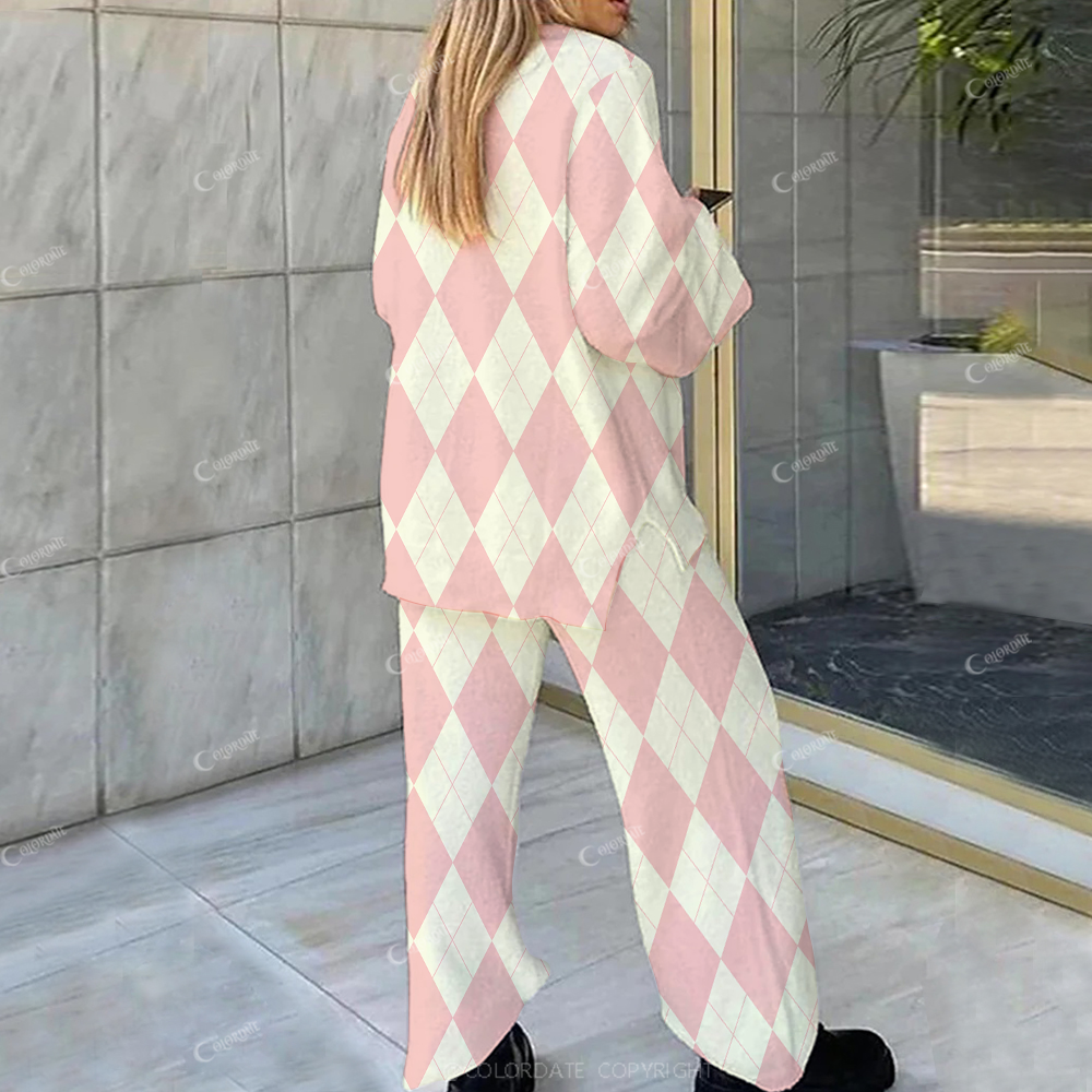 Colordate Casual Pink White Diamond Plaid Patchwork Printed Loungewear Set For Women